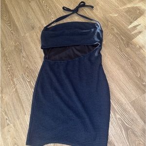 blue open front dress